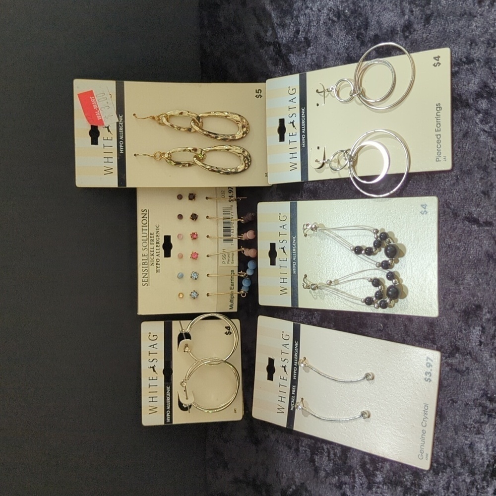 White Stag Lot of 6 Hypo Allergenic Pierced Earrings Studs Hoops - New on Cards